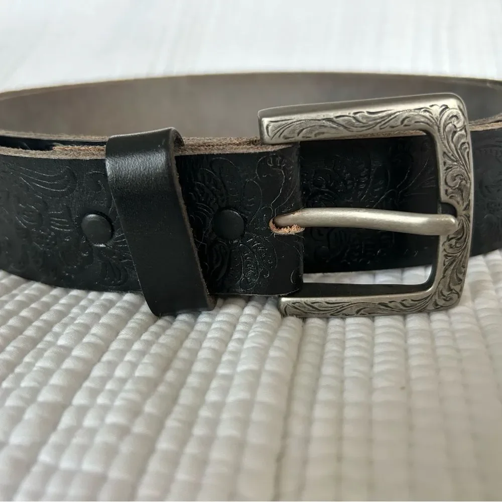 Mens Black Embossed Genuine Leather Embossed Western Inspired Belt Silver Buckle